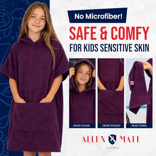 Image of ALLEN & MATE 100% Cotton Kids Hooded Surf Poncho Changing Robe, Quick Absorbent Wearable Swim Towel Boys & Girls, 6-13 Years