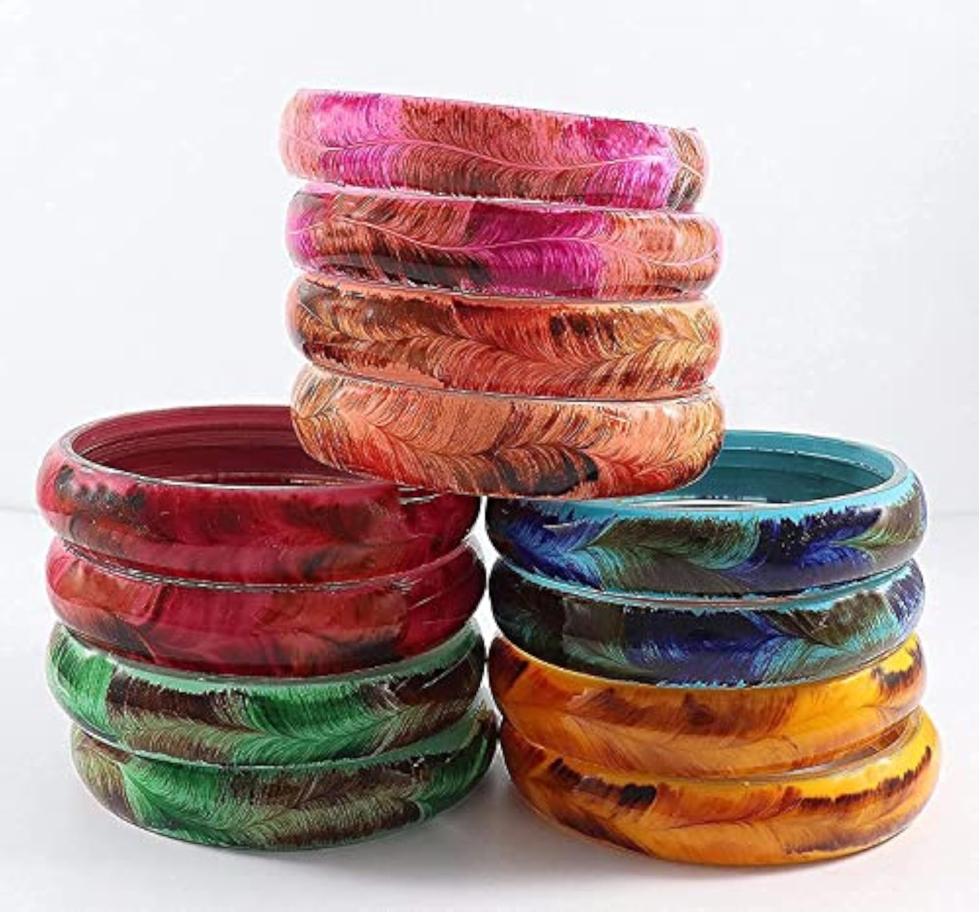Glass Feather Pattern Kada Set For Girls, Pack Of 12