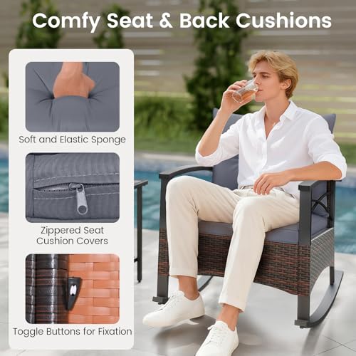 Image of Tangkula 3 Pieces Wicker Outdoor Rocking Chairs Set | Heavy Duty Cushioned Rattan Patio Rocker Bistro Set, 2-Tier Side Table w / Acacia Wood Tabletop, for Porch Balcony Backyard
