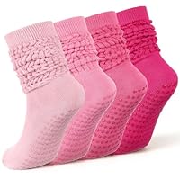 Chicingyou 4 Pairs Cute Pilates Sock with Grip, Soft Long Scrunch Non-slip Yoga Slouch Sock for Women Dance Gym Hospital (Pink Tones)