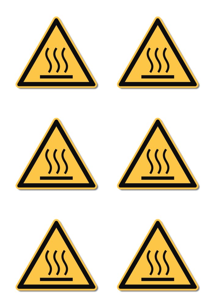 Hot Surface Warning - W017 - DIN EN ISO 7010 / ASR A1.3 - Stickers: 5 cm, Pack of 6, Red, 5cm