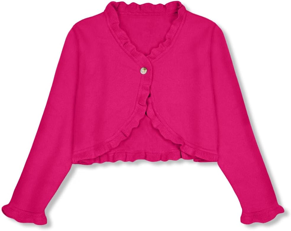 Girls Open Front Button Knit Ruffle Long Sleeve Cardigan Bolero Shrug Cover Up Sweater 4-14 Years