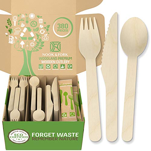 Woodland Premium Disposable Wooden Cutlery - 380 Pieces Jumbo Pack of Biodegradable Utensils Set with 160 Forks, 100 Spoons, 60 Knives – Bonus 20 Wooden Silverware Packs by Nook & Fork