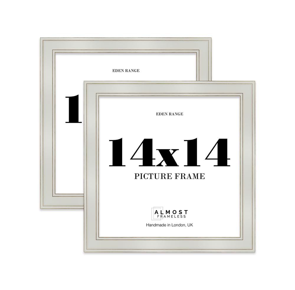 14x14 Light Grey Picture Frame - Shabby Chic Photo Frame with Distressed Finish, Gold Trim, Wall Hooks, 37mm Edge - 2 Pack