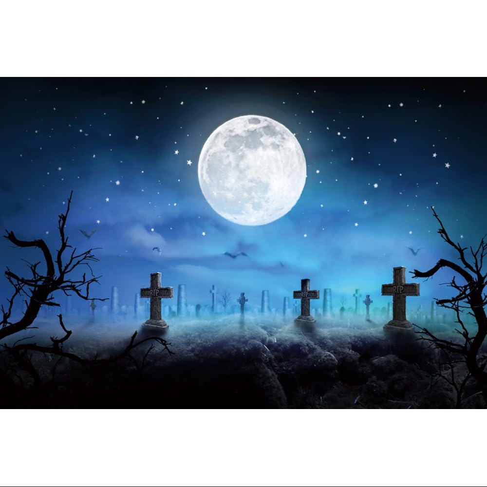 Halloween-Friedhof-Hintergrund 3x3 M – Schwarzer Nachtmond, Vinyl, 3 Stück (Horror-Deko)