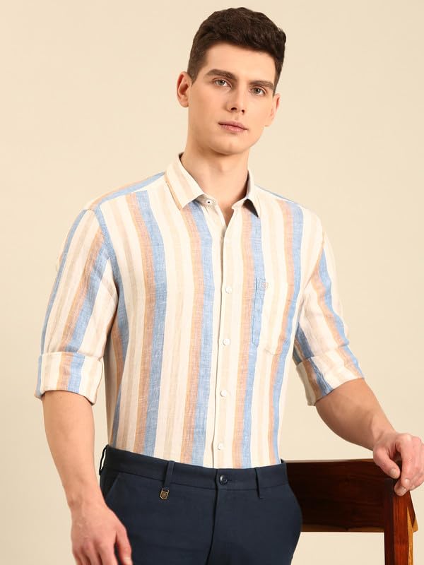 Image of Linen Club Men's Linen Rich Pink Striped Contemporary Fit Full Sleeve Casual Shirt