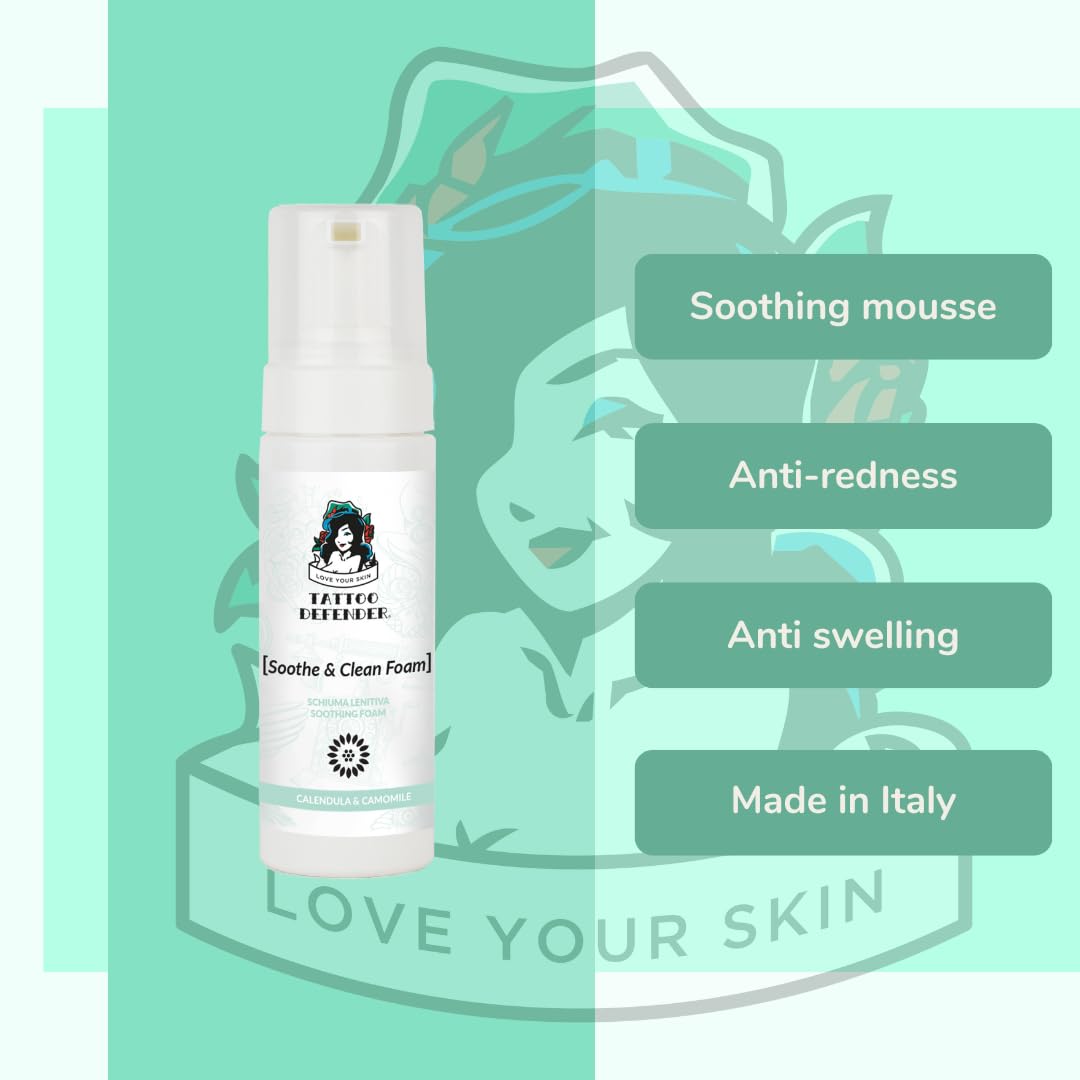 Tattoo Defender Soothe&Clean Foam, 150ml - Mus Tatuaże Oczyszczający Kojący Oczyszczający, Do Pielęgnacji Tatuaż, Zmniejsza Zaczerwienienie I Obrzęk, Antybakteryjne, Konekcja 150ml
