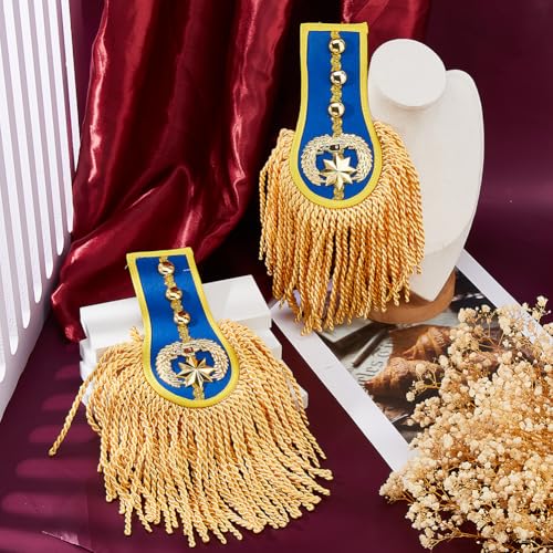 Image of SUPERFINDINGS 2PCS Tassel Shoulder Uniform Fringe Shoulder Blue Epaulettes Brooch Pin with Gold Tassel Detachable Fringe Epaulettes Golden Link Chain Epaulet Punk Epaulette for Costume Decor, 28cm /11