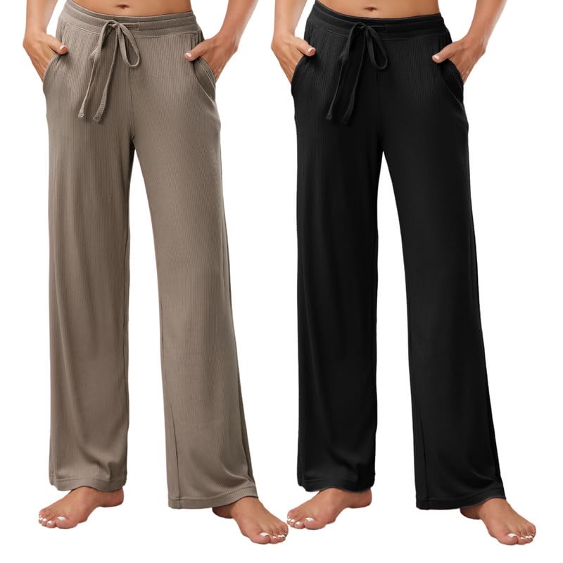 HEARTNICE 2 Pack Women's Pajamas Pants with Pockets Wide Leg Lounge Casual Loose Comfy Stretch Rib Yoga Sweatpants