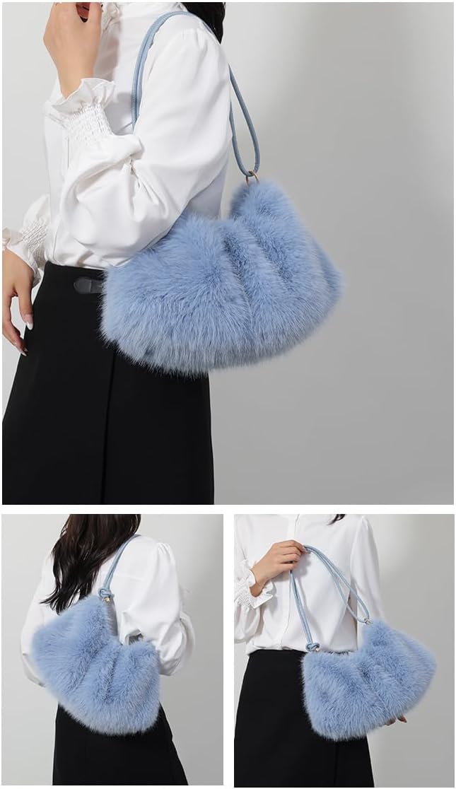Ulisty Women Small Faux Fox Fur Hobo Bag Furry Underarm Bag Plush Shoulder Bag Fashion Purse Handbag - Image 6