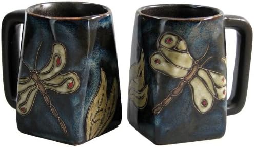 Set Of Two (2) MARA STONEWARE COLLECTION - 12 Oz Coffee or Tea Cup Collectible Square Bottom Mugs - Dragonfly/Insect Design