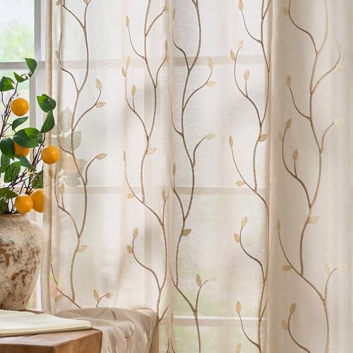 jinchan Sheer Curtains for Bedroom 84 Inch Length Leaf Embroidered Semi Sheers for Living Room...