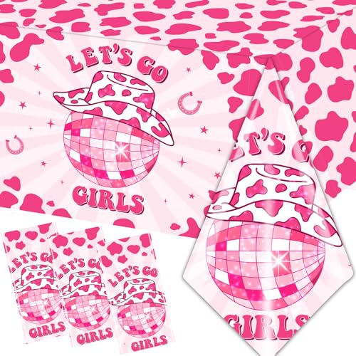 Image of Let's Go Girls Tablecloths, 3 Pcs Cowgirl Birthday Supplies Rectangle Table Covers, Disposable Disco Cowgirl Tablecloth for Bachelorette Party Decorations, 108 x 180 cm