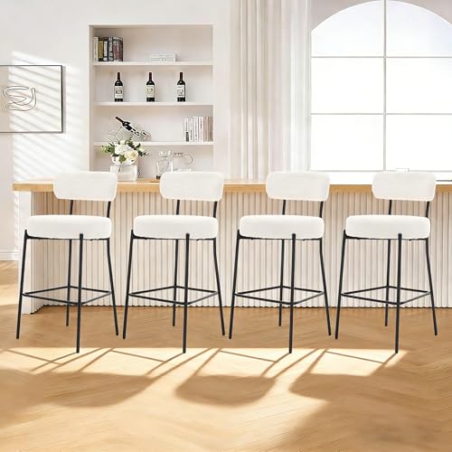 Image of Bar Stools Set of 4, 27 inch White Boucle Counter Height Barstools with Back and Metal Legs, Upholstered Modern Barstools Chairs for Kitchen Island, Counter, Dining Room