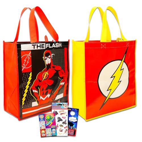 The Flash Tote Bag - Superhero Reusable Bag Bundle Includes 2 Flash Groccery Bags, Create-A-Face Sticker Book, More | DC Comics Tote Bag