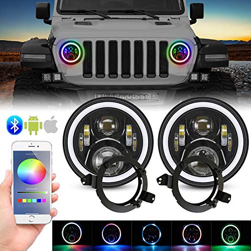 7 inch RGB Led Headlight with Halo Angel Eyes+9 inch Omnidirectional Round JL Headlight Mounting Bracket with Adapters for Jeep Wrangler JL 2018 2019