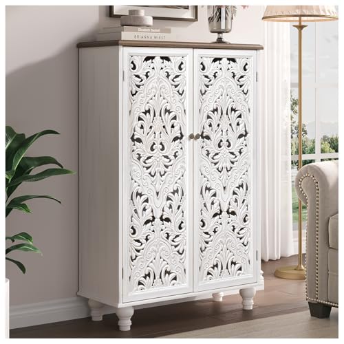 Image of Accent Cabinet with Doors, 47 inch Tall Buffet Cabinet with Solid Wood Legs, Freestanding Sideboard for Living Room, Entryway, Dining Room, Bedroom, White