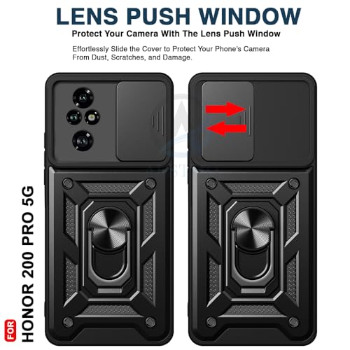 Image of AESTMO Tough Armor Honor 200 Pro 5G Bumper Back Case Cover | Ring Holder & Sliding Camera Shield Cover | 360 Degree Protection Back Case Cover for Honor 200 Pro (Black)