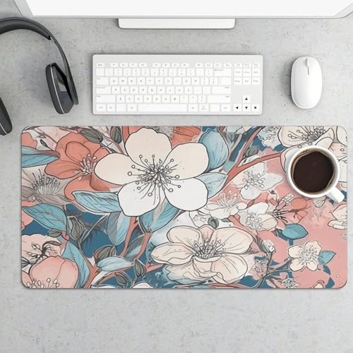 Desk Pad Protector 24x12 Inch Extended Peach Leafed Flower