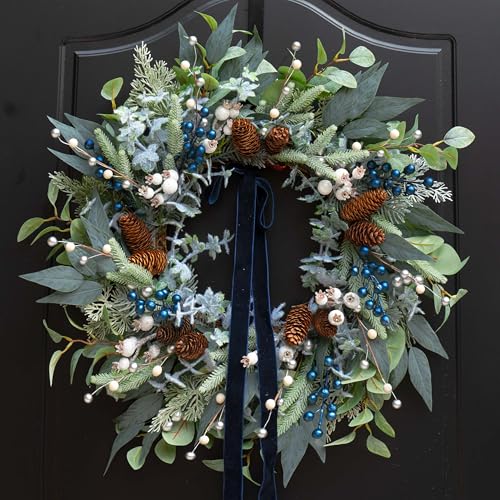 Winter Wreaths for Front Door 24 Inch Green Olive & Eucalyptus Wreath with Silver & White Berries, Pine Cones and Blueberries, Christmas & Holiday Indoor Outdoor Decor