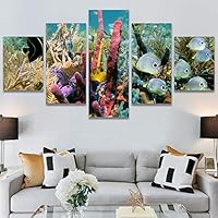 SIGNWIN 5 Panel Canvas Wall Art Modern Art Dramatic Fish Jellyfish Marine Life Multicolor Nautical Photography for Home Decorations Ready to Hang - 60