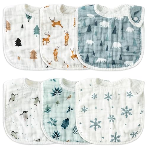 Image of Zainpe 6Pcs Snap Muslin Cotton Baby Bibs Cute Themes Snowflake Penguin Pattern Infants Drooling Bib Adjustable Burp Cloth Soft Absorbent Feeding Cloths for Unisex Newborn Toddler Teething Eating