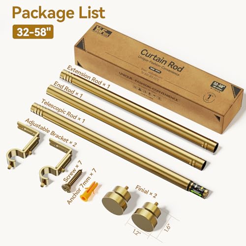Image of YaFex Curtain Rods 32-57 Inch, Heavy Duty 1 Inch Adjustable Gold Curtain Rod for Windows, Brass Metal Long Window Treatment Rods