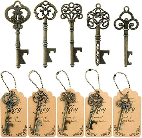 WODEGIFT 50pcs Bottle Opener,Wedding Favors Vintage Skeleton Key Bottle Opener,Key Bottle Openers with Escort Tag Cards and Key Chains Wedding Gifts for Guest（Bronze,5 styles）