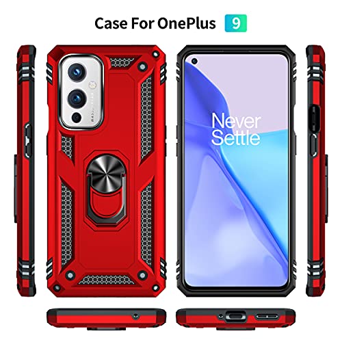 Phone Case for OnePlus 9 OnePlus9 5G with Tempered Glass Screen Protector Cover Magnetic Stand Ring Holder Accessories Heavy Duty Shockproof One Plus9 On 1 Plus 1plus One+ 1+ 1+9 Nine Girls Red - Image 3
