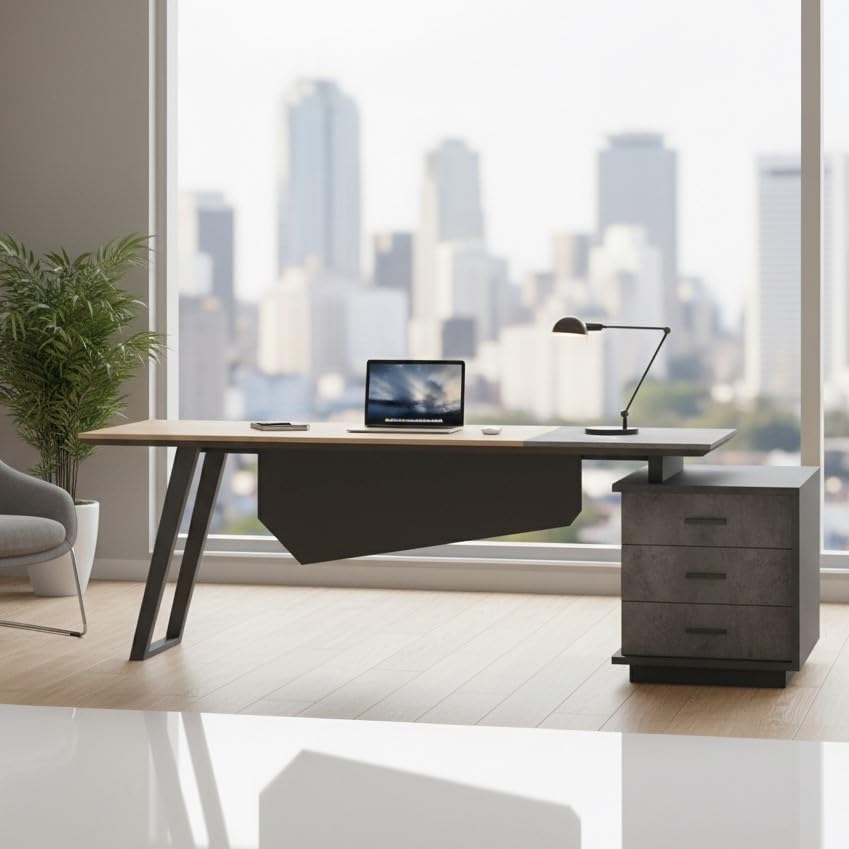 Image of Lakdi The Furniture Co Premium Director L-Shape Table Made in MDF Luxury Modern Office Desk with Made in MDF and Drawers, Shelves, and CPU Storage Space (LDL-584)