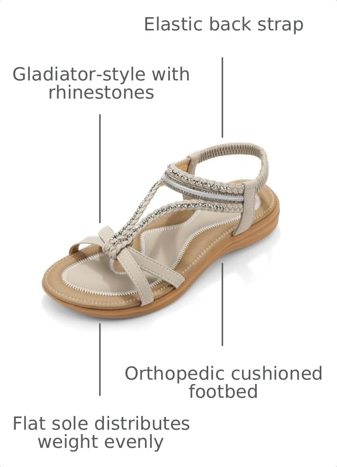 Image of UBFEN Womens Bohemian Flat Sandals With Back Strap Summer Beach Comfortable Bling
