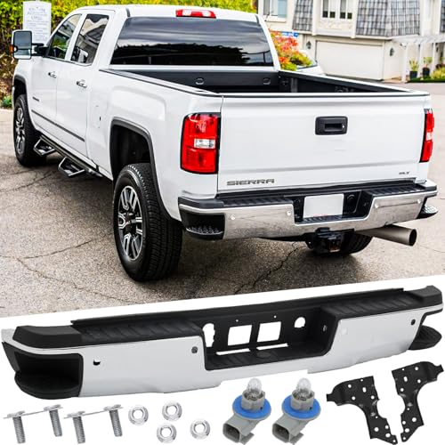 2500/3500 HD Style Rear Steel Step Bumper Assembly for 2014-2018 Chevy Silverado 1500 & GMC Sierra 1500 with Park Sensor Holes Chrome Back Bumper,with Pads Brackets and License Plate Lights