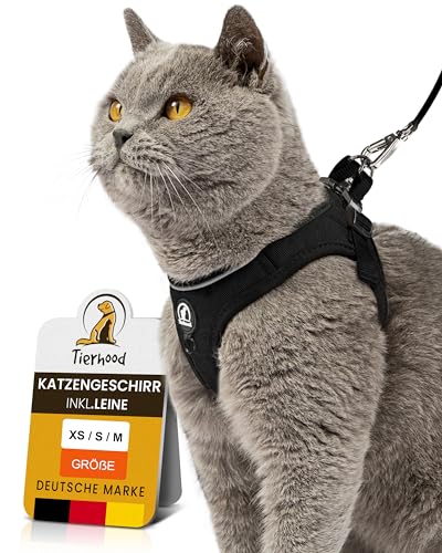 Katzengeschirr mit Leine für Kitten & kleine Katzen - verstellbares Softgeschirr weich & robust - Katzengeschirr Kitten - Schwarz Größe S