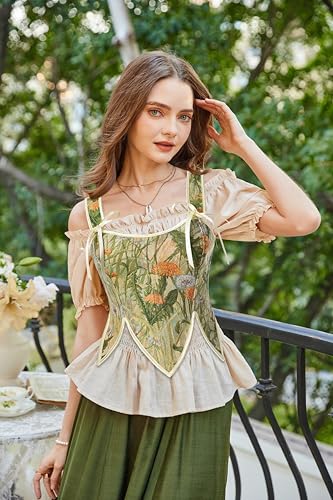 Image of SCARLET DARKNESS Corset Tops for Women Renaissance Costume Floral Lace Up Boned Bustier with Zip