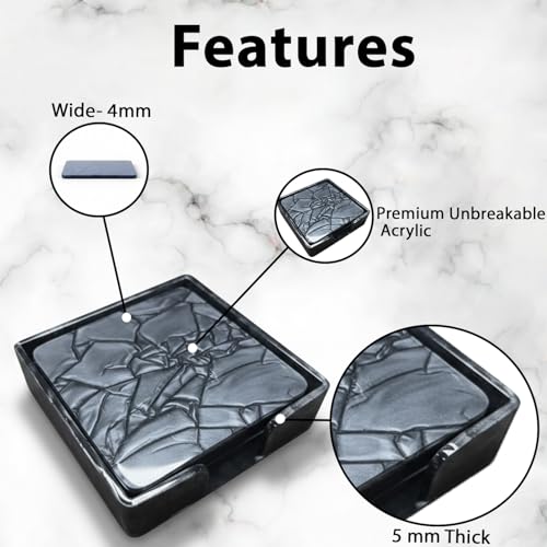 Image of Unbreakable Acrylic Coaster Set - 6 Black Square Drink Coasters for Home Office, Gaming, and Study Decor - Stylish Moisture-Protecting Accessories for Tea and Coffee (Black)
