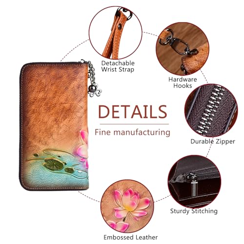 Image of Wallet Genuine Leather for Women - with RFID Blocking Card checkbook ID Slot Large Capacity Vintage style (lotus brown)