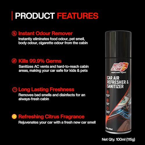 Image of Car Air Refresher & Sanitizer Spray | 100ml (115g) | AC Disinfectant, Sanitizes Cabin, Eliminates Odour, Refreshing Citrus Fragrance, Fresh New Car Smell | Single-Use Pack