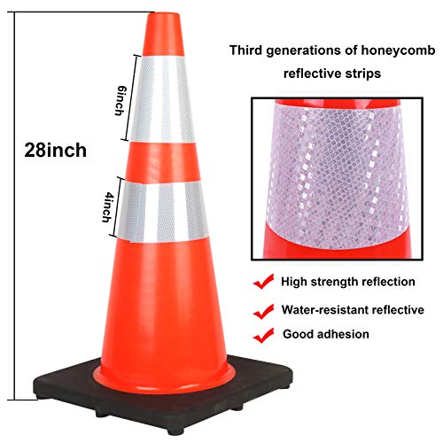 Reliancer 6Pcs 28" Traffic Cones Pvc Safety Road Parking Cones With Black Weighted Base W/6"&4" Reflective Collars Fluorescent Orange Hazard Cones Construction Cones For Traffic Or Home Improvement #TOP1
