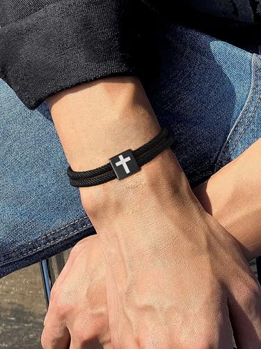 Sistble Christian Easter Gifts, Easter Basket Stuffers for Teen Boys Black Cross Bracelet for Men Baptism Confirmation Gifts Psalm Bible Verse Religious Catholic First Communion Gifts Braided Rope Jewelry — view 3