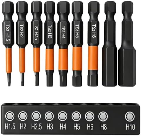 Set of 9 Allen Bits for H1.5 H2 H2.5 H3 H4 H5 H6 H8 H10 Screwdriver | S2 50mm Hex Screwdriver Bits 1/4" Magnetic Allen Impact Bits for Drill and Impact Wrench