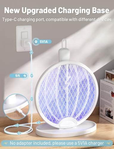 Image of YISSVIC 2 in 1 Mosquito Killer Racket, 4000V Foldable Electric Fly Swatter | Charging Base & Attractant Light, Rechargeable 1800mAh, Bug Zapper Indoor, For Home, Patio, Backyard, Camping