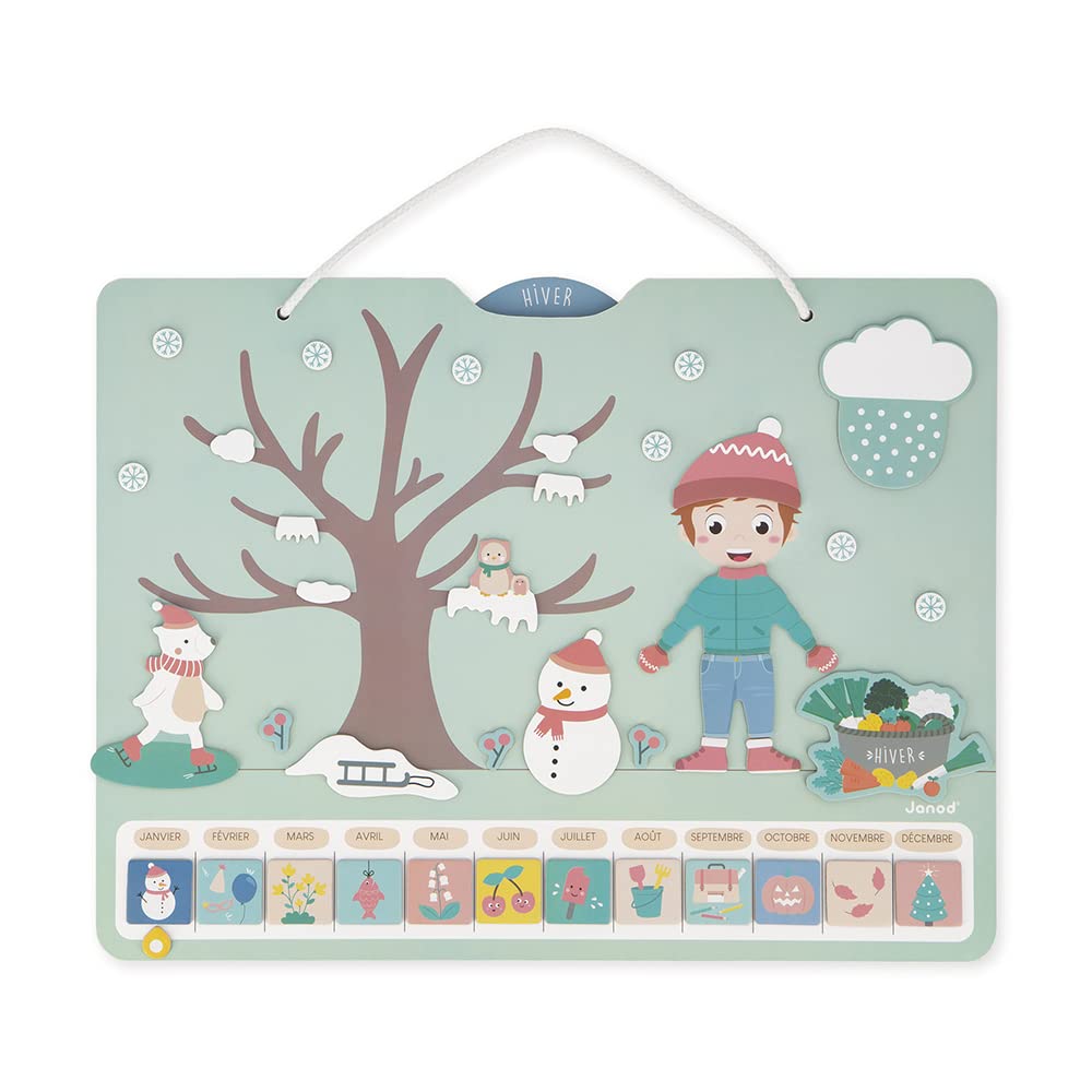 Janod - Calendario delle Stagioni - Calendario Educativo in Legno per Bambini 42 x 32 cm - Magnetico - 125 Magneti - Imparare Tempo e Stagioni - Versione Francese - dai 3 Anni, J547