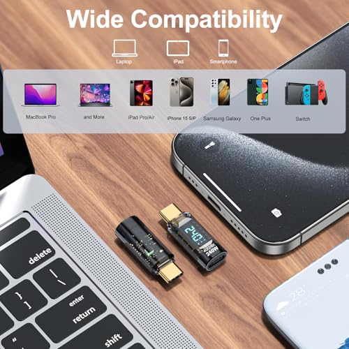 240w usb c adapter power meter tester 2 pack - wattage voltage amperage led digital display type c male to female extension connector for iphone 1516 macbook ipad amp more usb-c cablesdevices