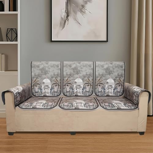 Image of Velvet 3 Seater Sofa Cover with 6 Seat and Back Covers, 2 Hand Rest Covers - Elephant dome Design - Washable Fabric - Stylish Sofa Cover for Modern Living Room (Brown, 3 Seater With Arm Covers)
