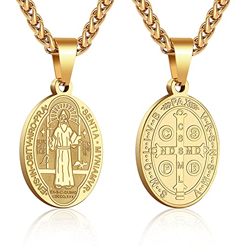 P. BLAKE Oval Saint Christopher/Michael/Joseph/Jude/Virgin Mary/Joseph/Francis/Patrick/Anthony/Benedict/Thomas Necklace for Men Women, Stainless Steel Catholic Patron Pendant with Chain 24 Inches