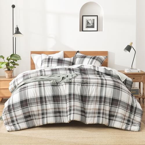 Image of Andency Gray Brown Black Plaid Comforter Set Queen(90x90Inch), 3 Pieces Grid Gingham Stripes Bedding Comforter Sets for Boys Girls Kids Teens, Preppy Geometric Line Soft Lightweight Reversible Bed Set