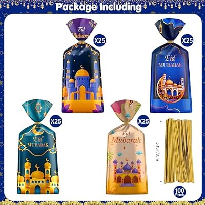 100 Pcs Ramadan Goodie Bag - Eid Mubarak Gift Bags, Ramadan Mubarak Plastic Cellophane Bags, 4 Styles Ramadan Goody Candy Favor Treat Bags with Gold Twist Ties for Islamic Muslim Eid Mubarak Party