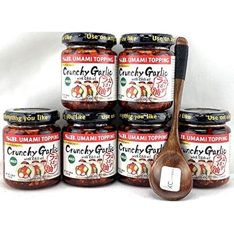 S&B Chili Oil With Crunchhy Garlic 3.9oz Pack of 6 Bundle with FREE KC Commerce Wodden Spoon Cover
