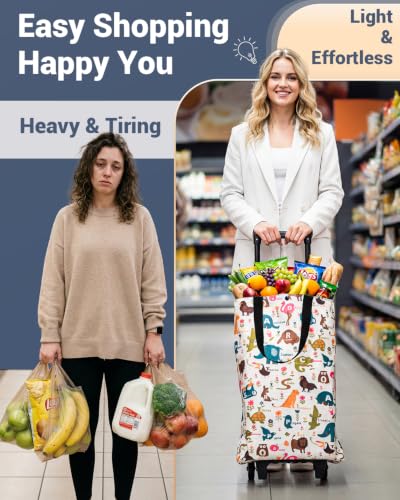 Image of Rolling Shopping Bag, Small Shopping Cart with Wheels,Collapsible Portable Waterproof Tote for Market & Grocery Runs-Gift for Women & Seniors(Cartoon)