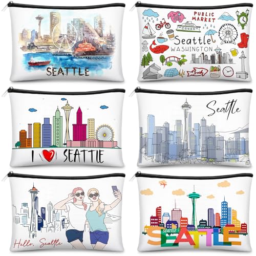 Reginary 6 Pcs City Cosmetic Bag Souvenir Gifts New York Zipper Pouch Chicago Souvenir Seattle Boston Nashville London Paris Italy Alaska Gifts Memento for Women Traveler(Seattle)